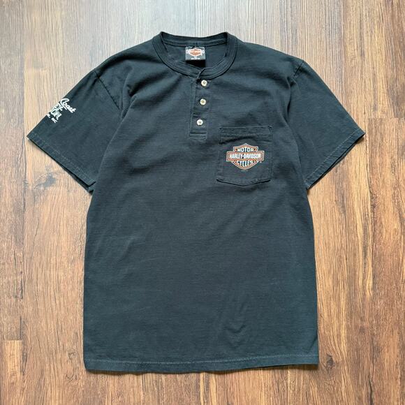 Harley-Davidson 1999 Henley T-Shirt Black Pocket Tee Men’s Medium USA - Picture 1 of 8